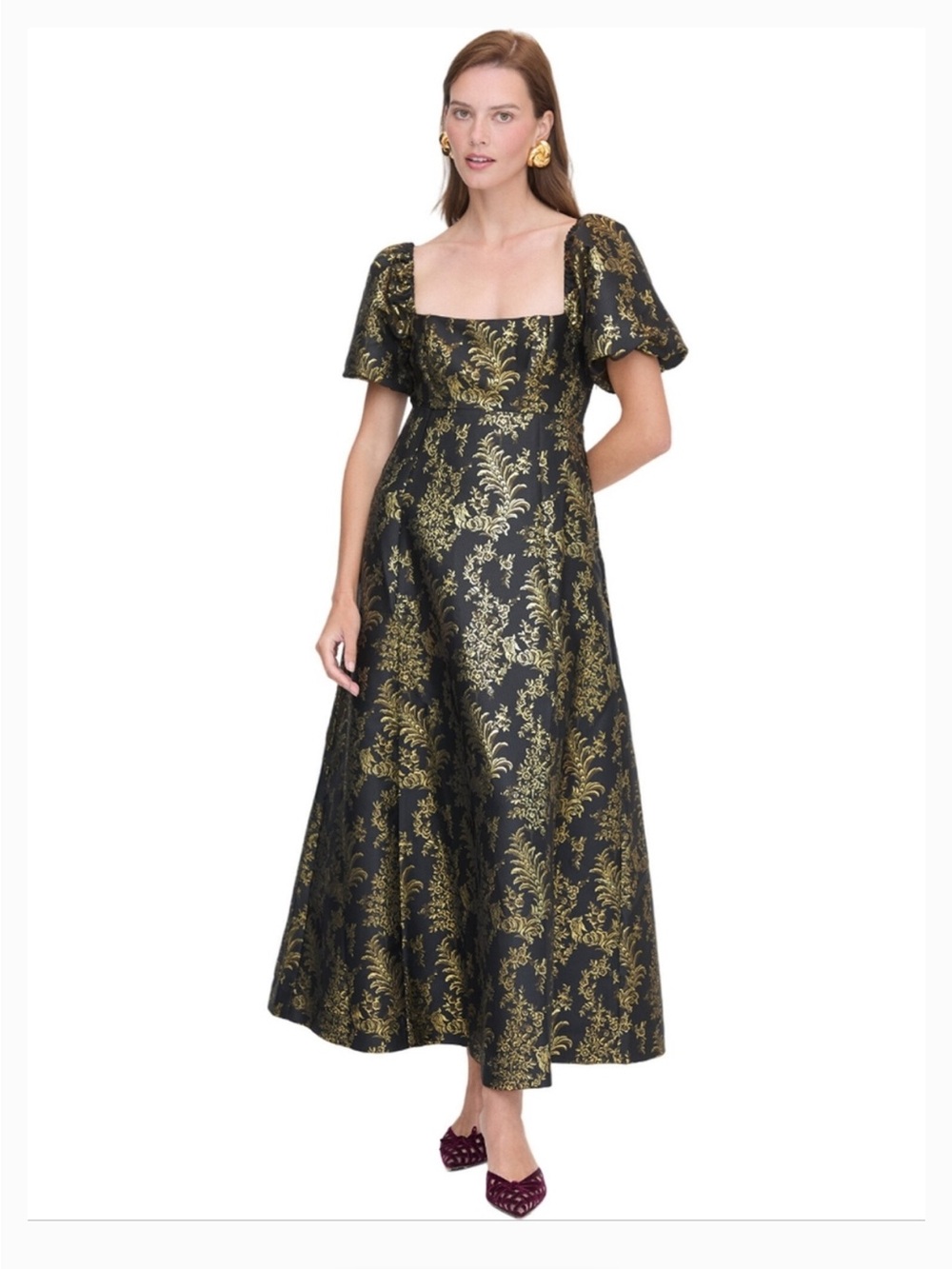 Hill House Black and Gold Brocade Maxi Dress with Square Neck, S M